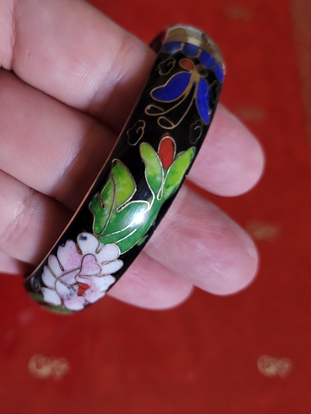 Hand-Painted Floral Cloisonné Bangle Bracelet - Black & Multicolor Vintage